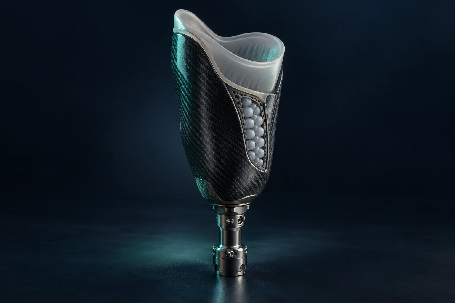 Photorealistic AI concept of a carbon-fiber prosthetic socket with a translucent cellular liner and titanium pylon