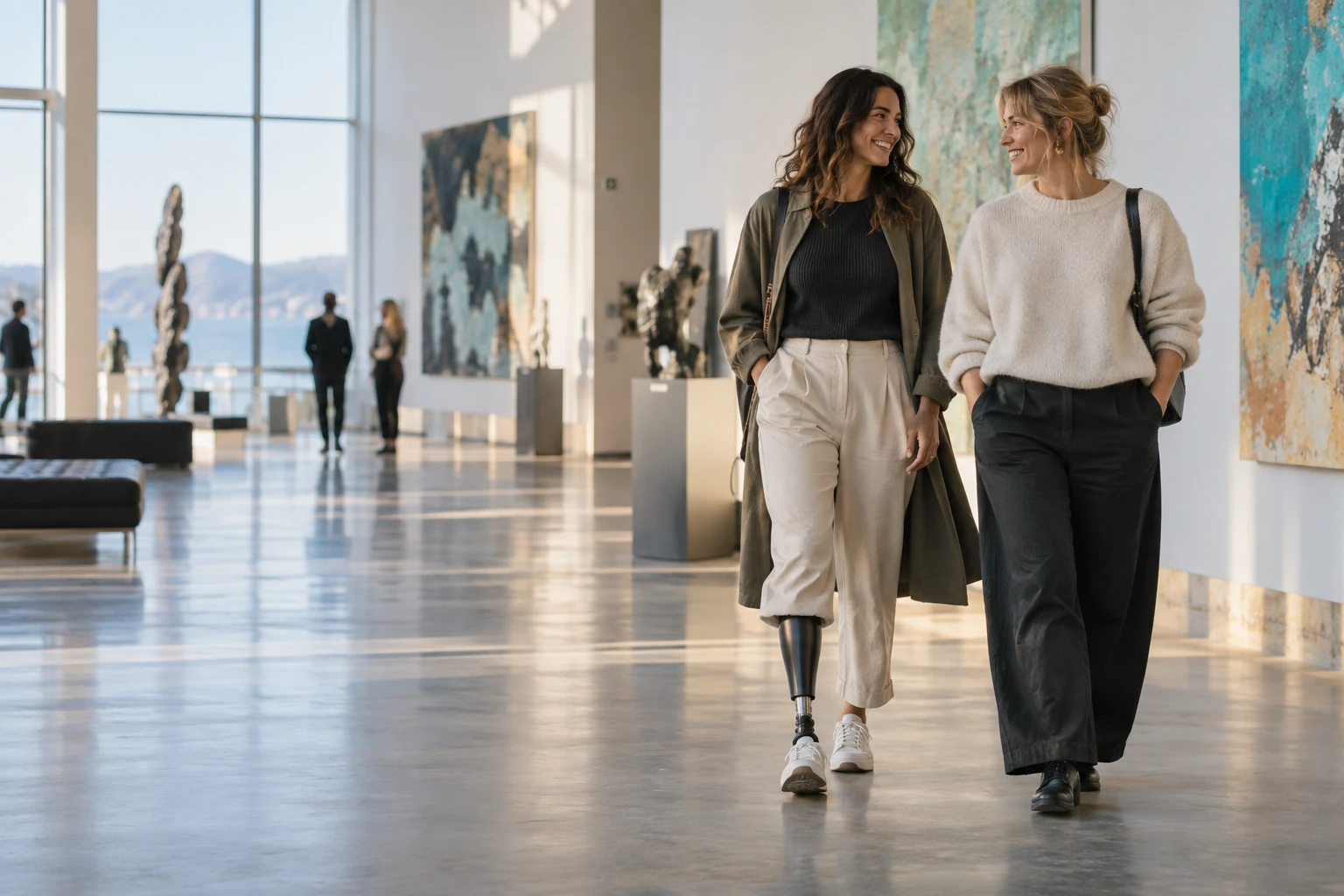 AI concept: a woman with a below-knee prosthesis enjoying a contemporary art gallery with a friend