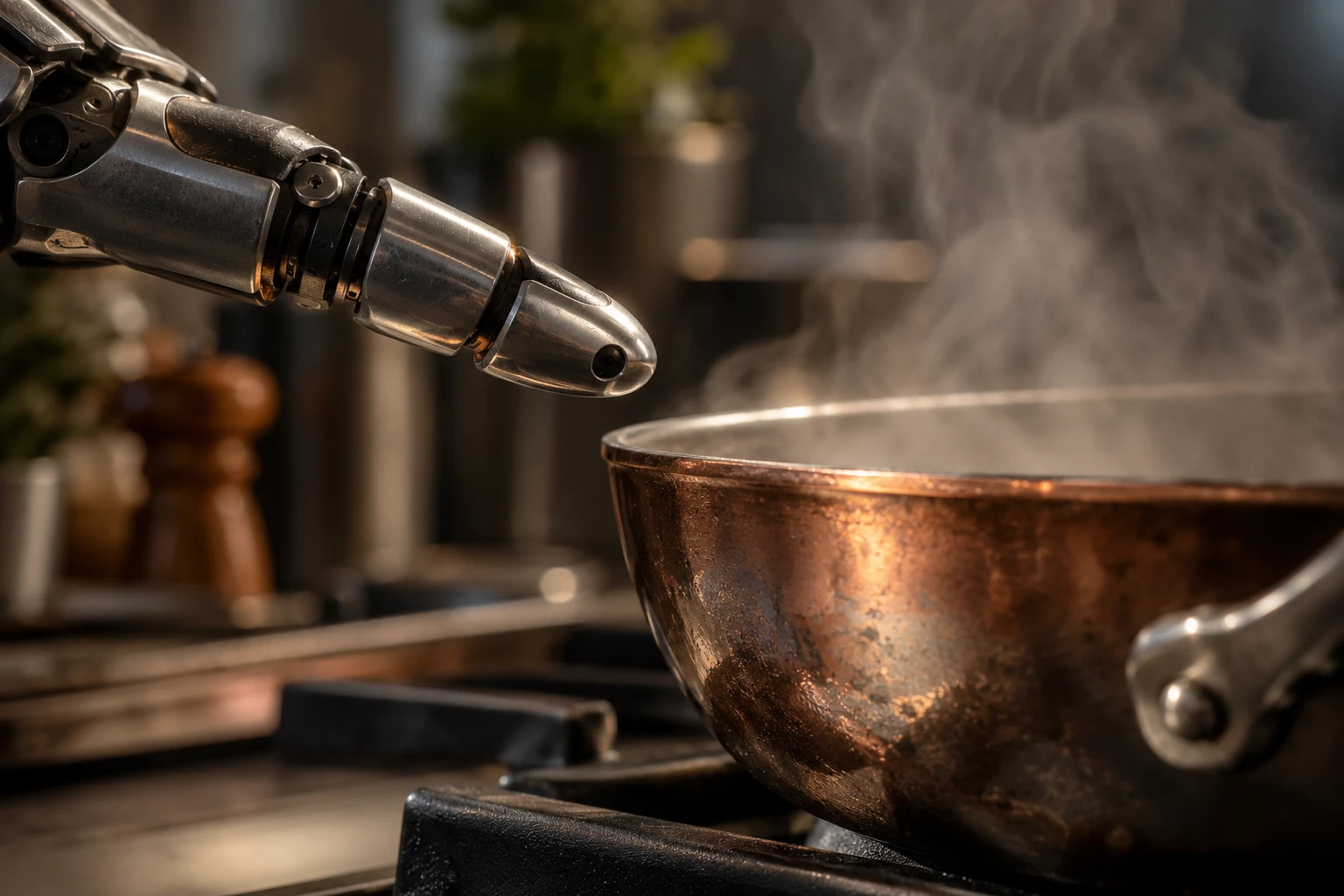 Photorealistic AI concept of a prosthetic fingertip sensor approaching a steaming pan without contact